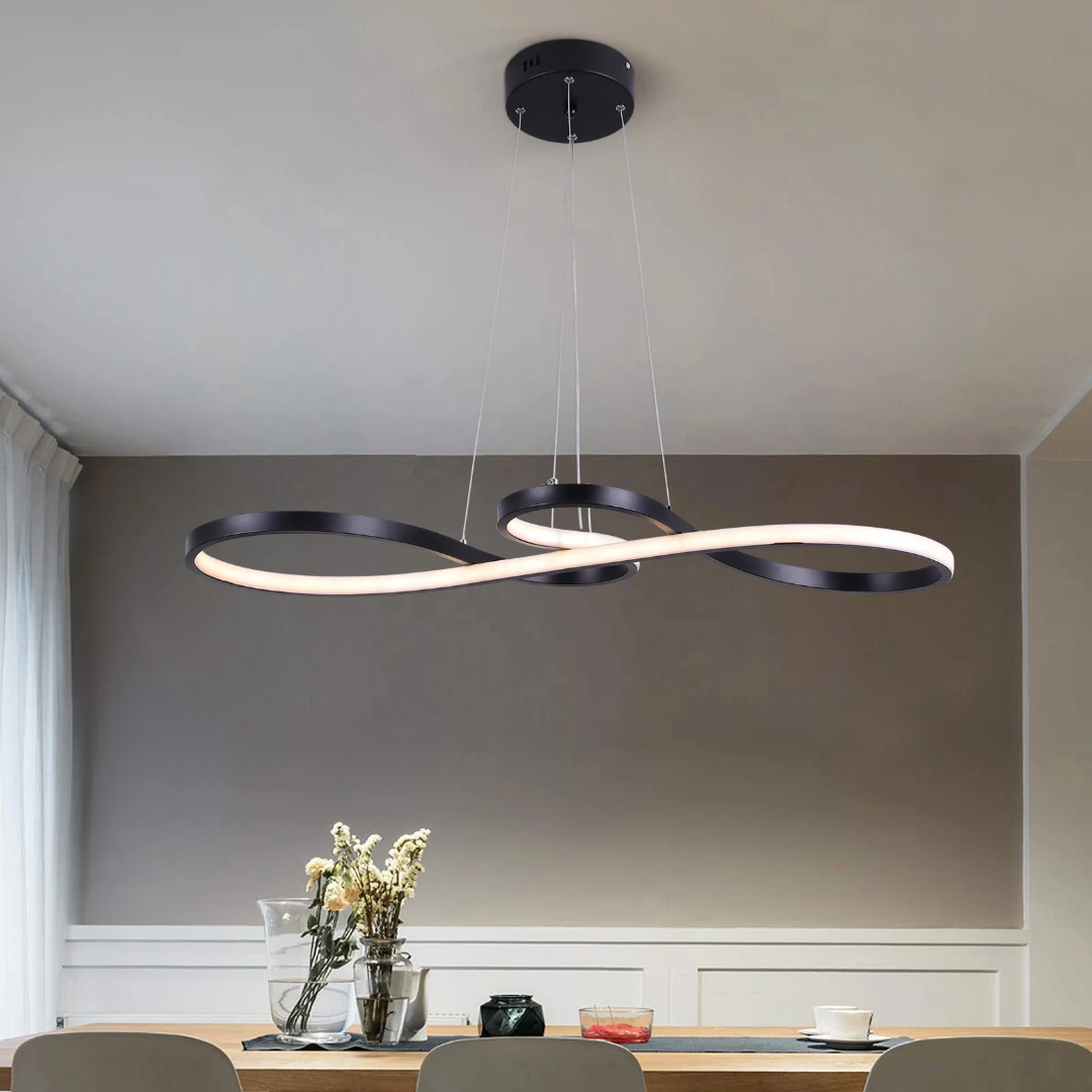 Modern Circle Hanging Fixture with Remote Dimming for Dining Room & Kitchen Island Adjustable Height 47 in Black White Gold Finish Contempor