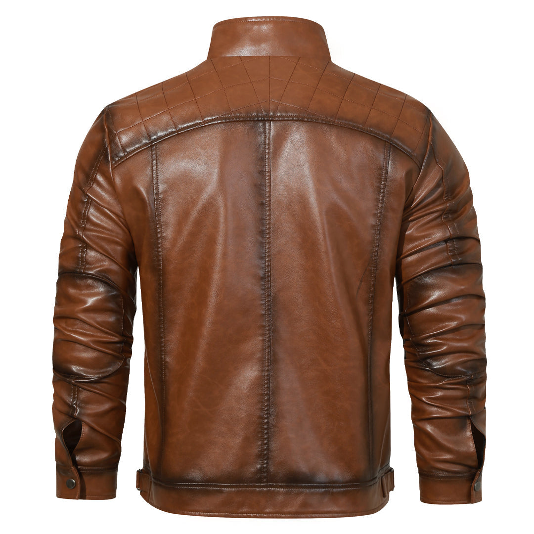 Men's Embroidered Moto Jacket in PU Leather with Side Belt & Zip Pockets – Classic Biker Style for Street, Rides & Everyday Wear