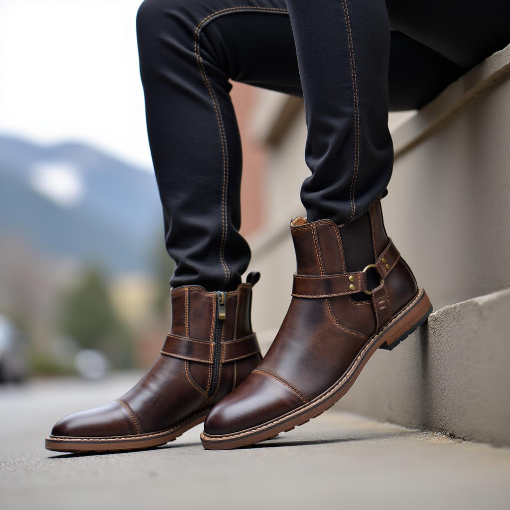 Men's Vintage Motorcycle Leather Boots – Lace-Up Ankle Boots with Sturdy Sole for Riding, Work & Everyday Wear – Moto-Inspired Footwear