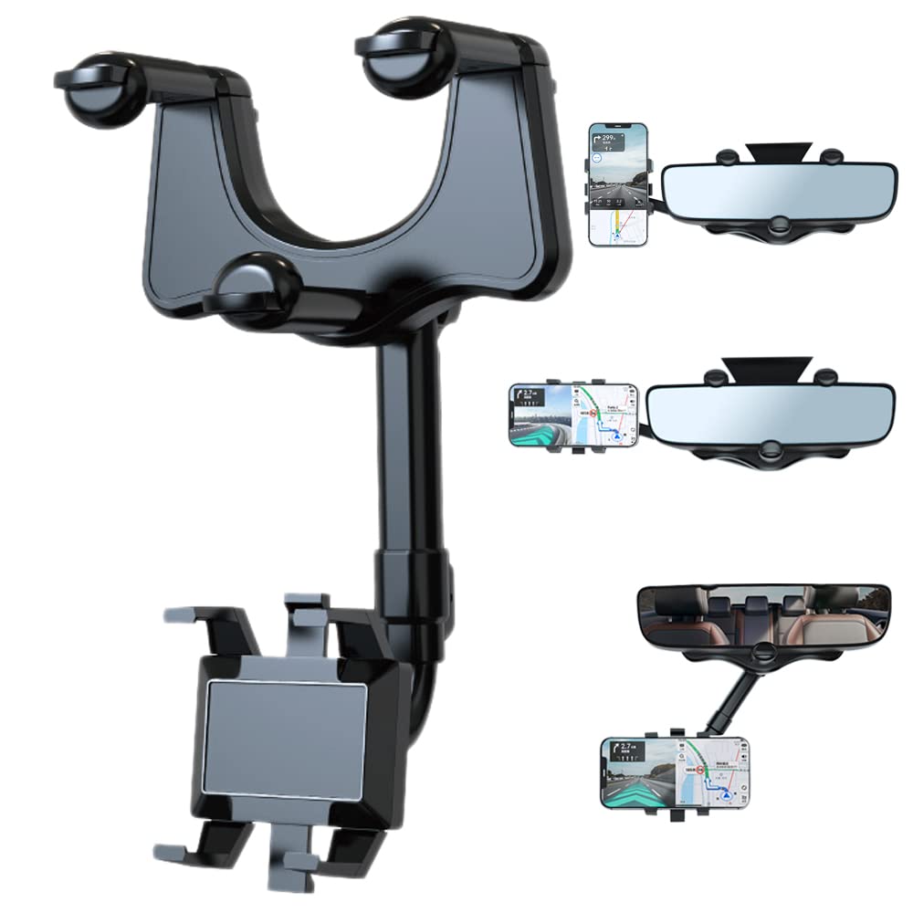Adjustable Rearview Mirror Phone Mount for Cars – 360° Swivel Arm Clip-On Smartphone Cradle for Hands-Free Navigation & Calls