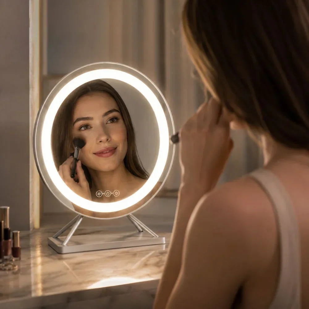 Tabletop Makeup Mirror with LED Light and 15x Magnifying Spot | 360° Rotating Vanity Mirror with 3 Color Temperatures