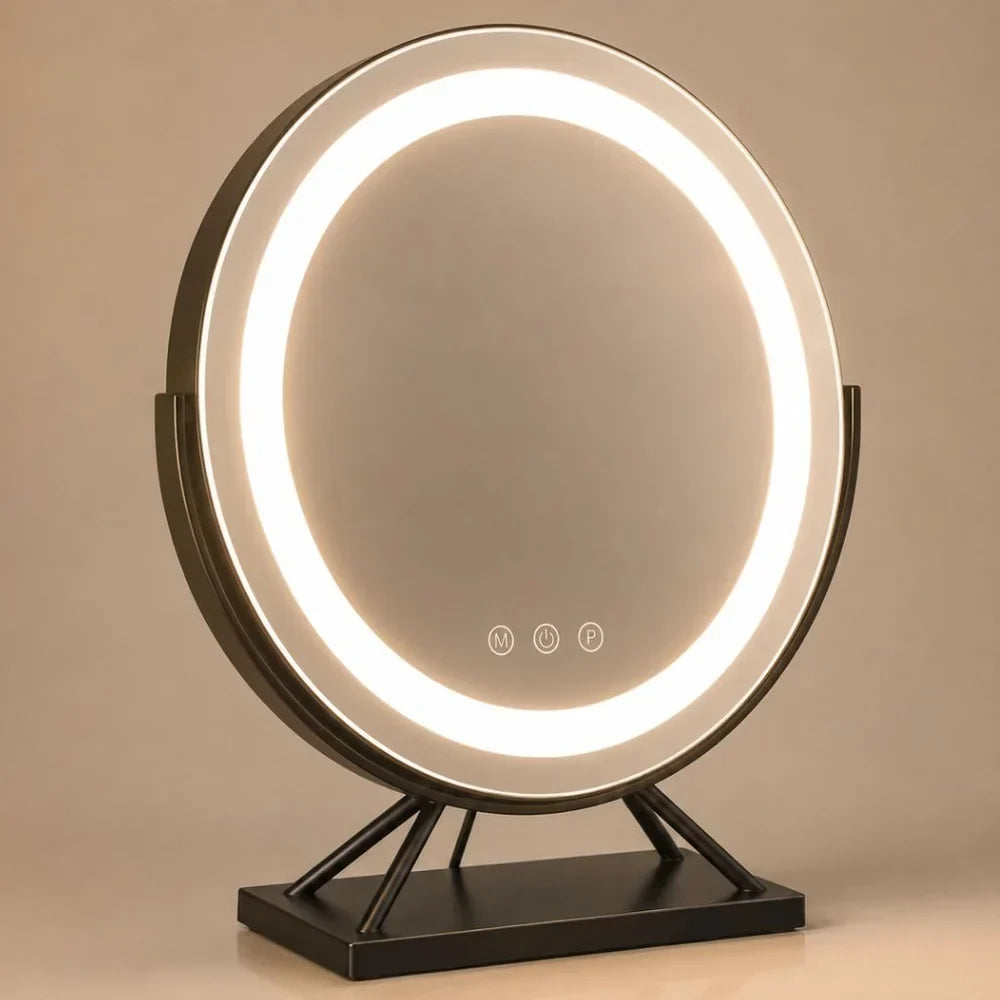 Tabletop Makeup Mirror with LED Light and 15x Magnifying Spot | 360° Rotating Vanity Mirror with 3 Color Temperatures