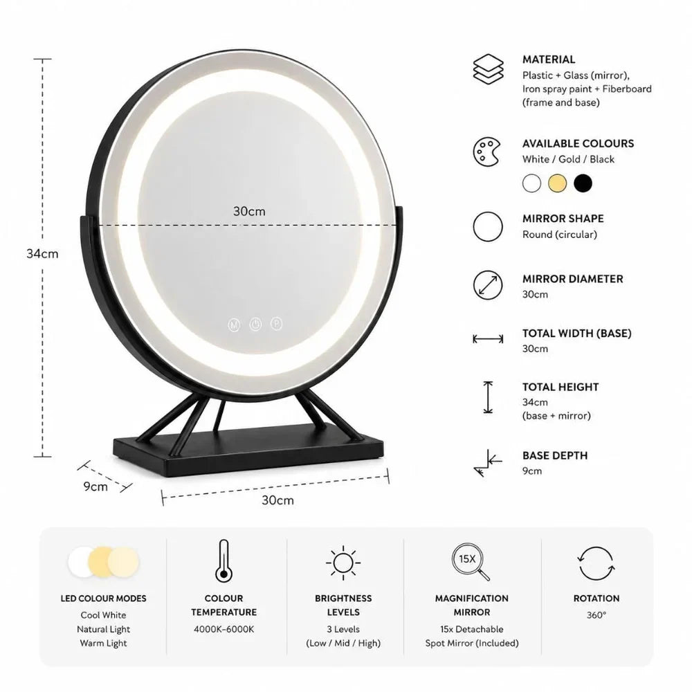 Tabletop Makeup Mirror with LED Light and 15x Magnifying Spot | 360° Rotating Vanity Mirror with 3 Color Temperatures