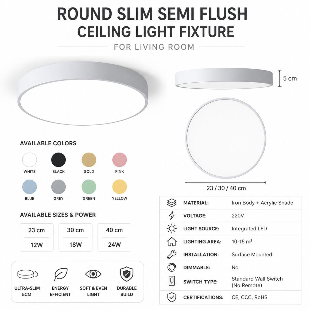 Modern Low-Profile LED Ceiling Light – 8 Vibrant Colors, Multiple Sizes, Dimmable Options for Bedroom, Living Room & Kids Spaces
