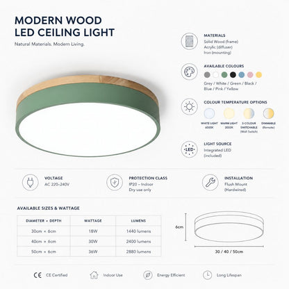 LED Flush Mount Ceiling Light Wood Frame Round Acrylic 12-20 Inch Hardwired Bedroom Living Room Office Kitchen Hallway Modern Minimalist