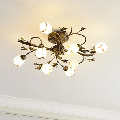 Cream Glass Floral Vine Chandelier with Antique Brass Finish for Bedroom, Dining Room & Living Room