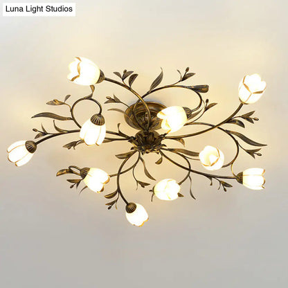 Cream Glass Floral Vine Chandelier with Antique Brass Finish for Bedroom, Dining Room & Living Room