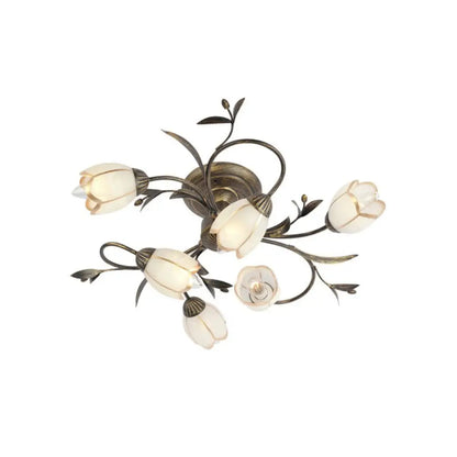 Cream Glass Floral Vine Chandelier with Antique Brass Finish for Bedroom, Dining Room & Living Room