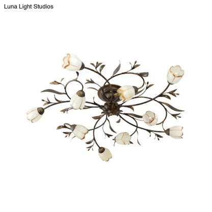 Cream Glass Floral Vine Chandelier with Antique Brass Finish for Bedroom, Dining Room & Living Room