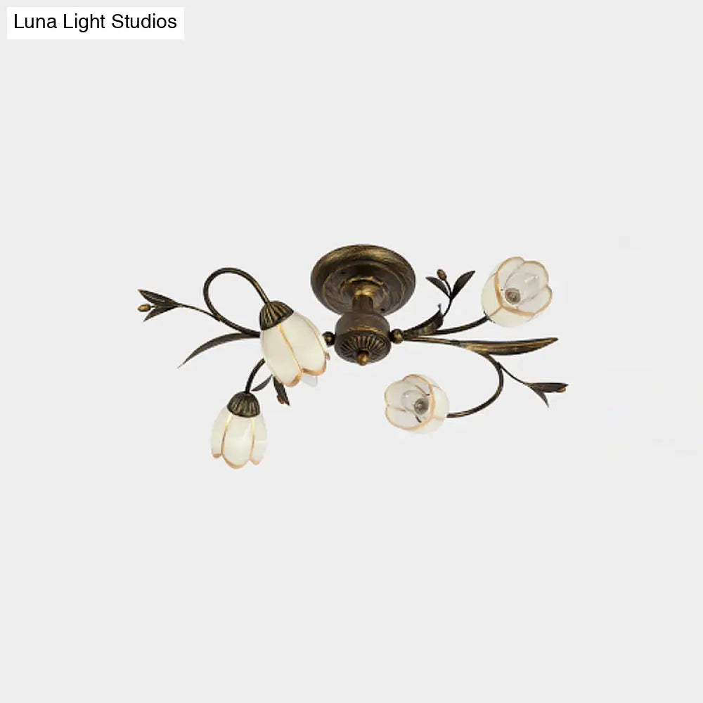 Cream Glass Floral Vine Chandelier with Antique Brass Finish for Bedroom, Dining Room & Living Room