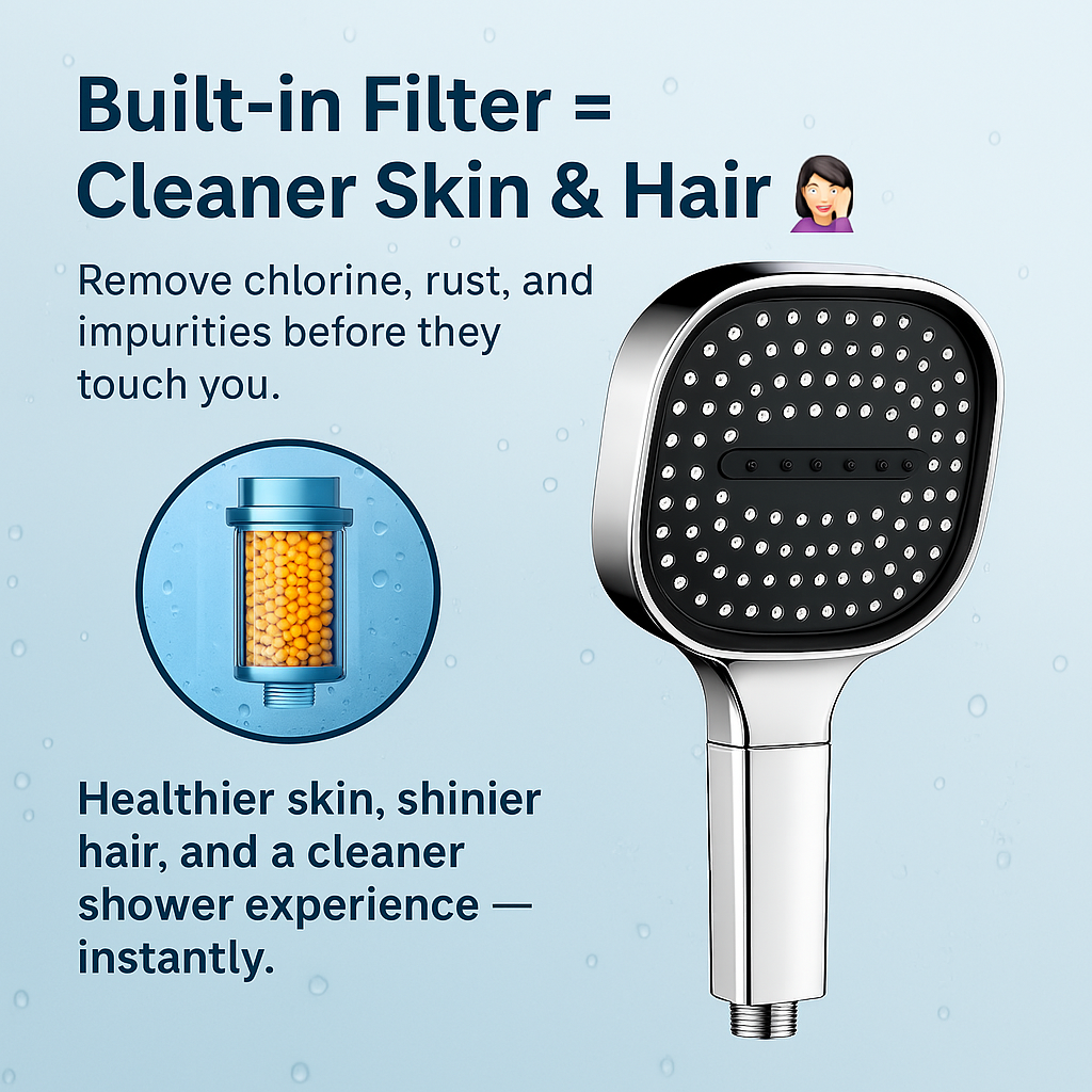 Filtered Handheld Showerhead with Pressure-Boosting Technology for Weak Water Flow – Multi-Spray Modes, Universal Fit, Tool-Free Setup for M