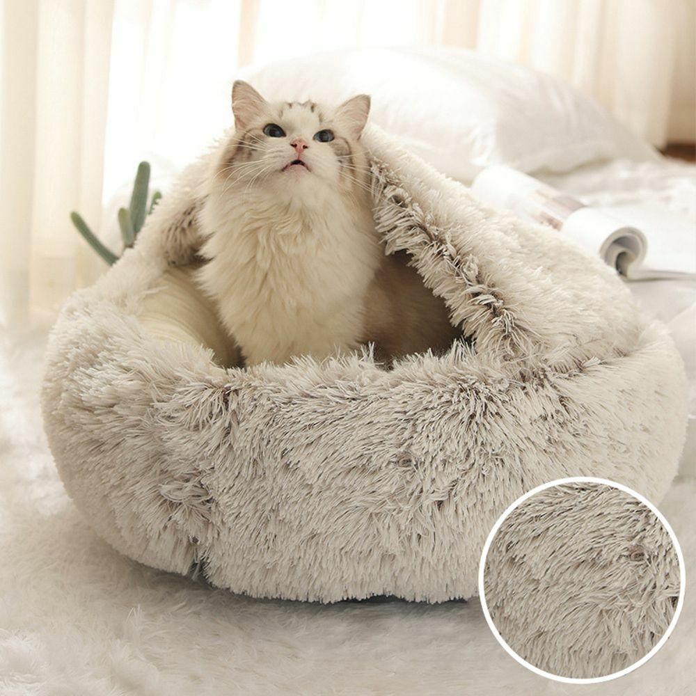 Hooded Cat Bed with Raised Rim – Plush Donut Nest for Anxious Cats, Semi-Enclosed Design for Security