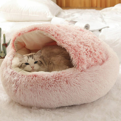 Hooded Cat Bed with Raised Rim – Plush Donut Nest for Anxious Cats, Semi-Enclosed Design for Security