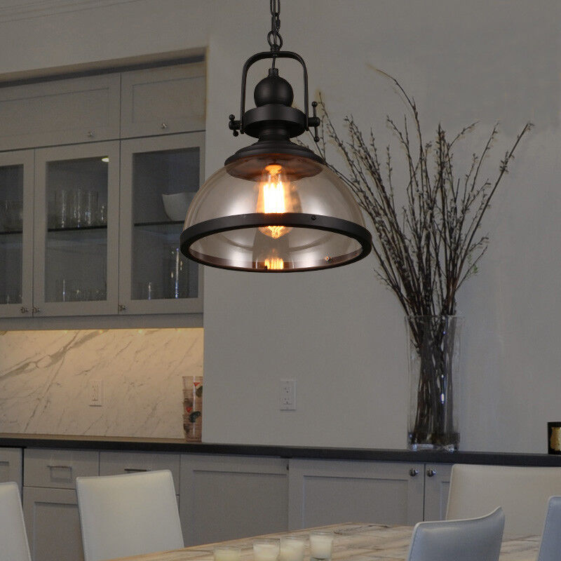 Glass Bowl Pendant Light Industrial Retro Style Hanging Ceiling Fixture Iron Frame E27 Socket for Dining Room Kitchen Island Living Room