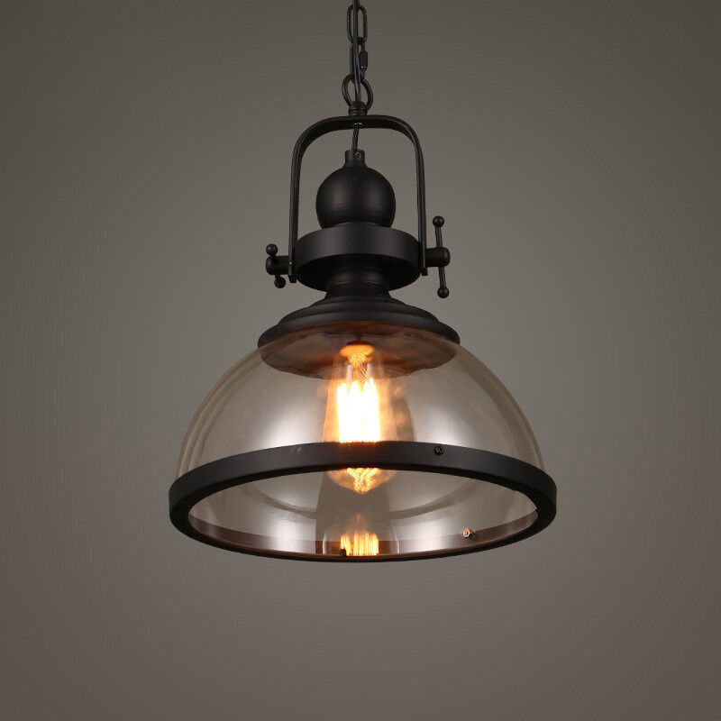 Glass Bowl Pendant Light Industrial Retro Style Hanging Ceiling Fixture Iron Frame E27 Socket for Dining Room Kitchen Island Living Room