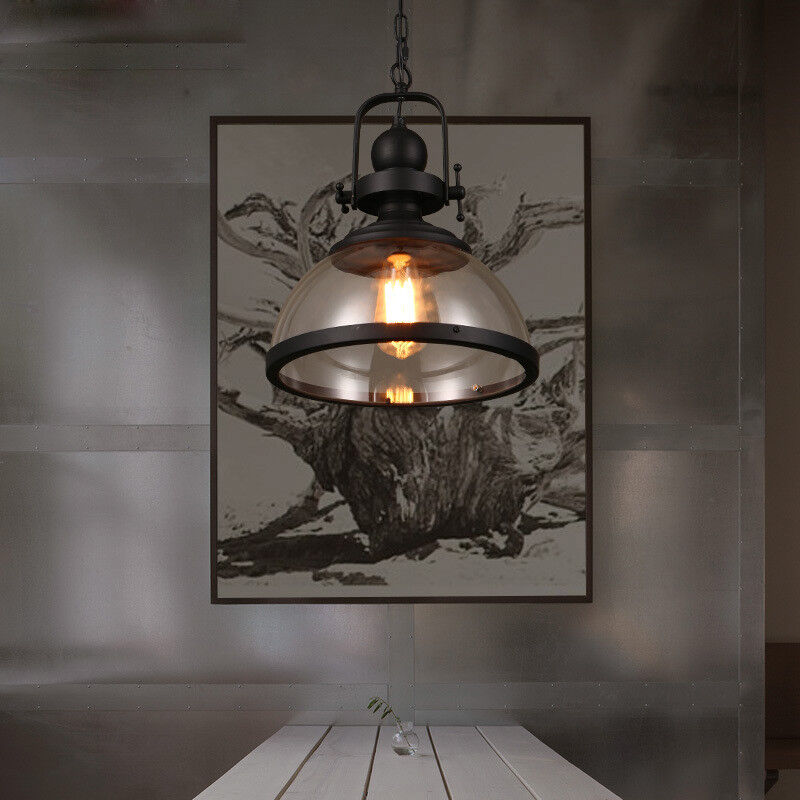 Glass Bowl Pendant Light Industrial Retro Style Hanging Ceiling Fixture Iron Frame E27 Socket for Dining Room Kitchen Island Living Room