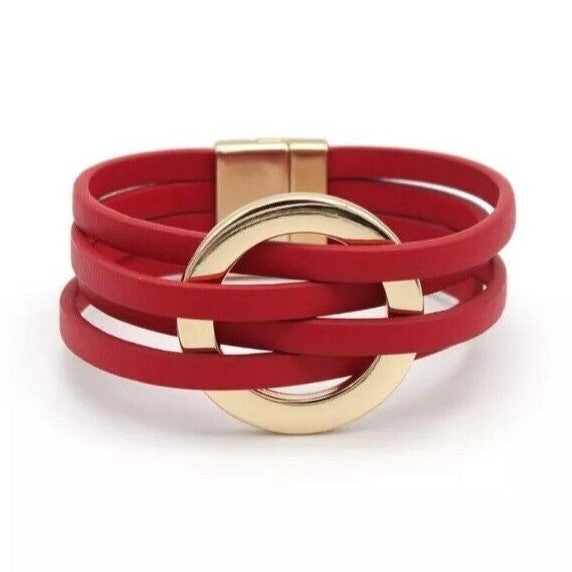 Layered Leather Wrap Bracelet with Magnetic Clasp – Geometric Accent Cuff for Women & Men