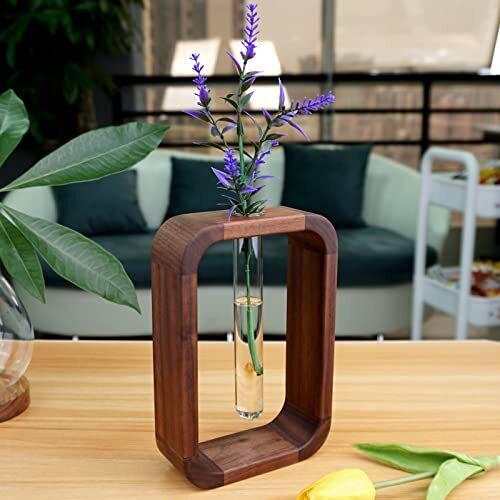 Glass Tube Plant Rooting Station Wood Stand for Cuttings & Propagation | Desktop Hydroponic Vase Holder for Home Office Kitchen | Tabletop I
