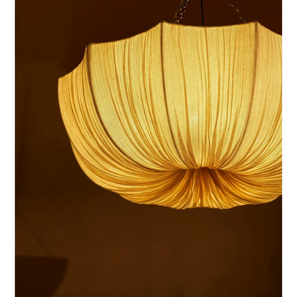 Fabric Hanging Light with Sculptural Pleated Shade – White Round Ceiling Fixture for Dining Room, Bedroom & Living Space – Adjustable Chain