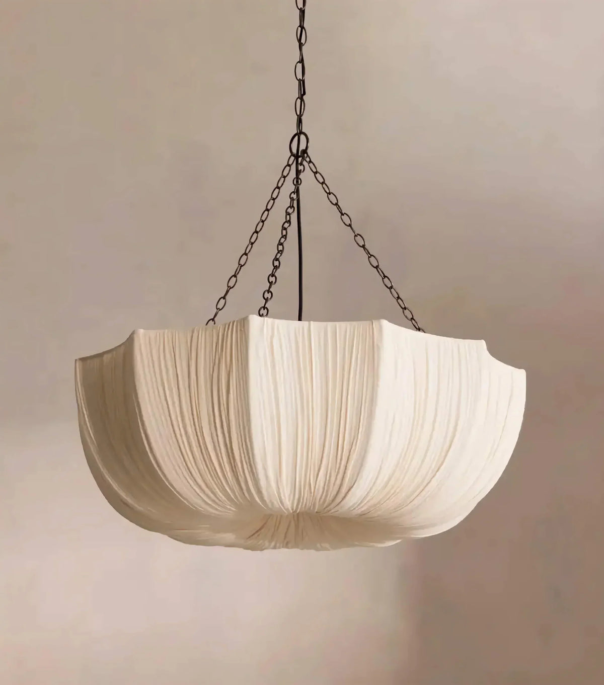 Fabric Hanging Light with Sculptural Pleated Shade – White Round Ceiling Fixture for Dining Room, Bedroom & Living Space – Adjustable Chain