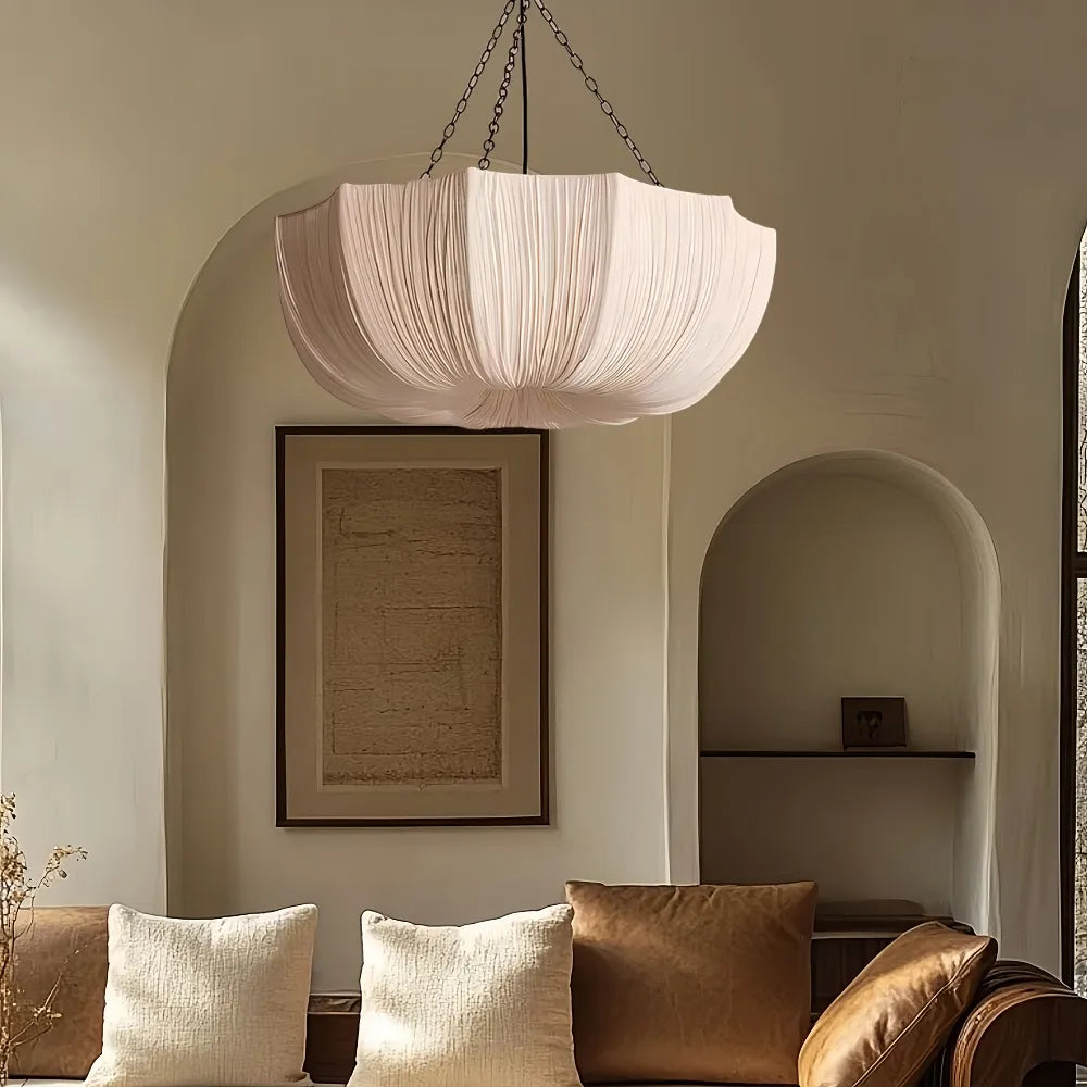 Fabric Hanging Light with Sculptural Pleated Shade – White Round Ceiling Fixture for Dining Room, Bedroom & Living Space – Adjustable Chain