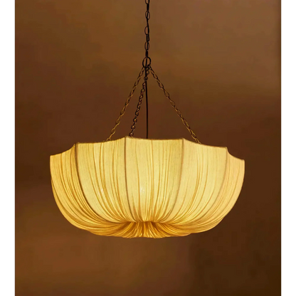 Fabric Hanging Light with Sculptural Pleated Shade – White Round Ceiling Fixture for Dining Room, Bedroom & Living Space – Adjustable Chain