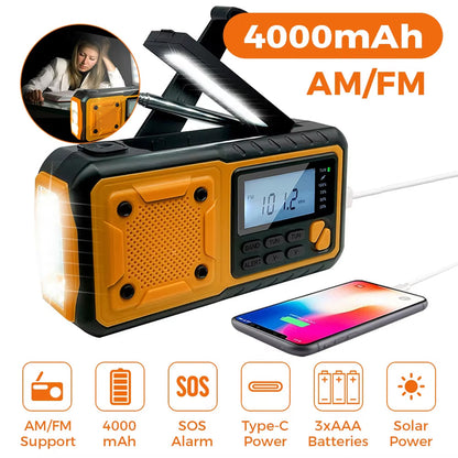Hand-Crank Weather Radio with Phone Charger, Flashlight & Solar Power for Camping, Storms & Blackouts
