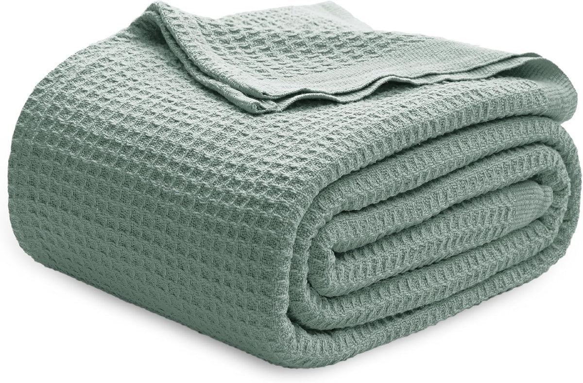 Cotton Throw Blanket for Bed, Waffle Weave Queen Size Blanket for All Seasons, Soft Breathable Cotton Blanket for Couch