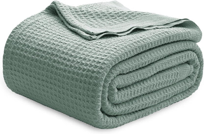 Cotton Throw Blanket for Bed, Waffle Weave Queen Size Blanket for All Seasons, Soft Breathable Cotton Blanket for Couch