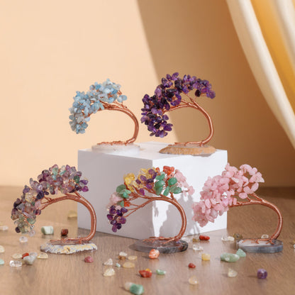 Natural Stone Tree of Life Figurine with Chakra, Amethyst, Rose Quartz, Fluorite & Aquamarine – Crystal Wire Art Home Décor Spiritual Gift
