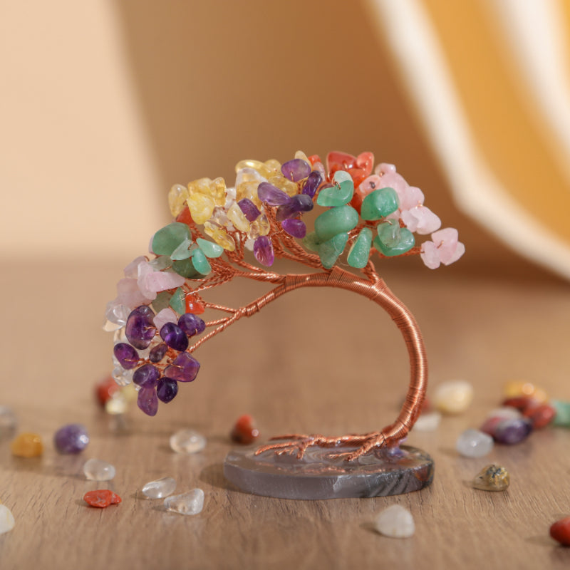 Natural Stone Tree of Life Figurine with Chakra, Amethyst, Rose Quartz, Fluorite & Aquamarine – Crystal Wire Art Home Décor Spiritual Gift