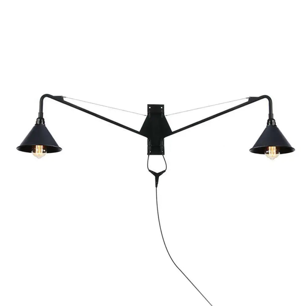 Industrial Swing Arm Wall Sconce Black Metal Shade Adjustable Long Reach Plug-In Hardwired Edison Vintage Loft Farmhouse