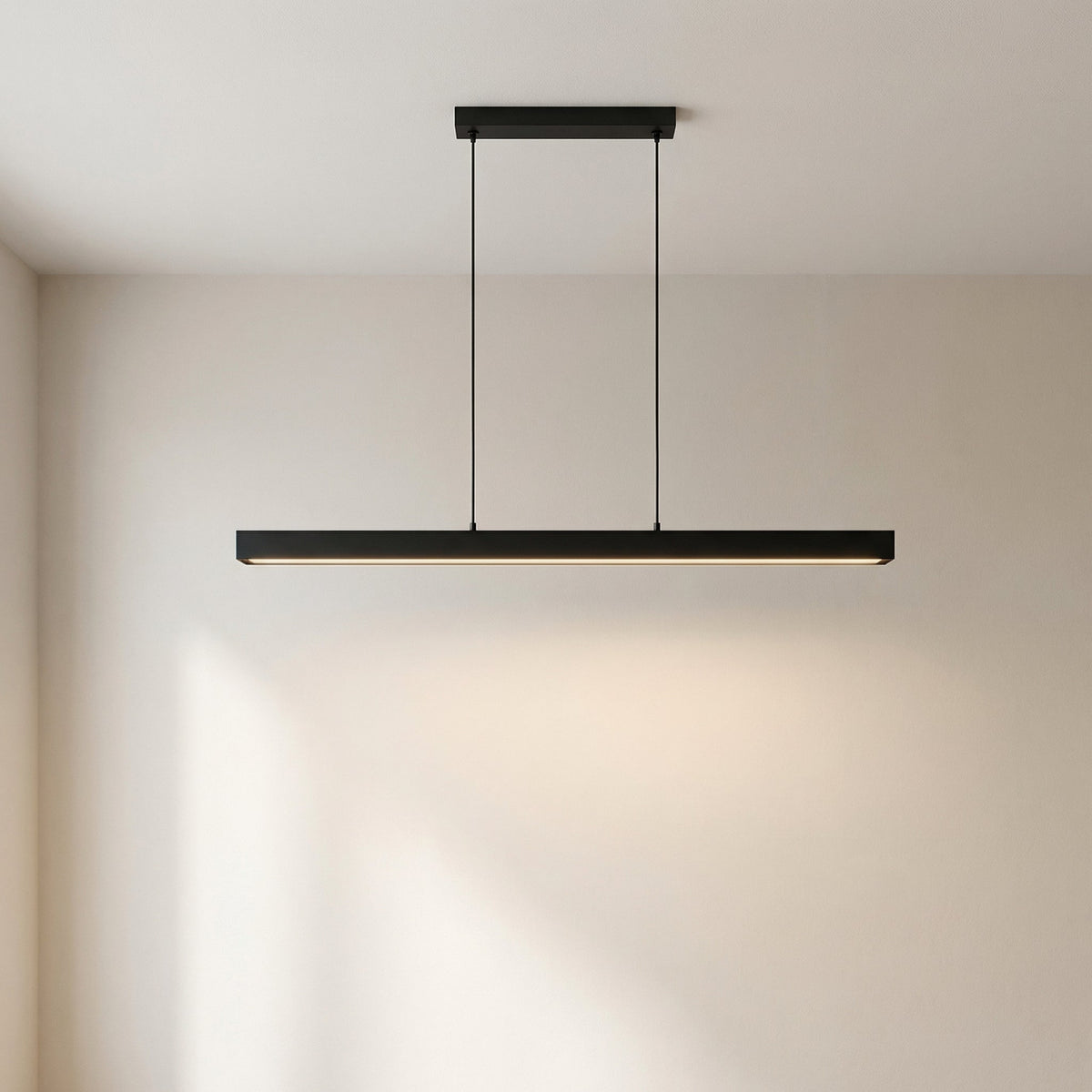 Linear Wood and Metal Pendant Light – Modern Minimalist Dining Room Chandelier – Warm White LED – 31.5 to 47 Inch – Hardwired Ceiling