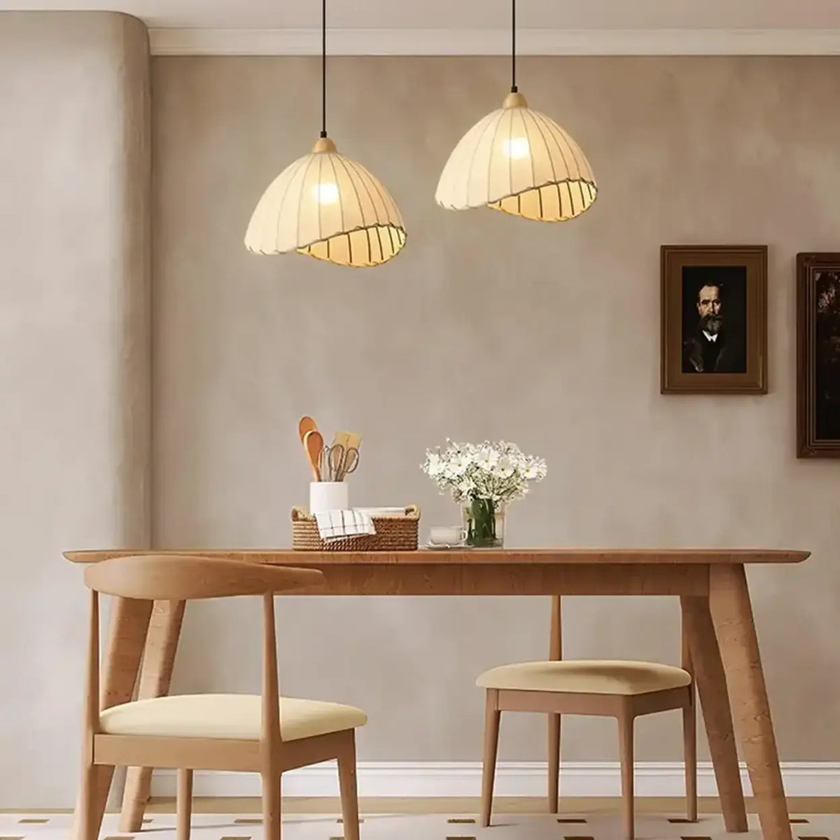 Wood & Linen Drum Ceiling Light 59 in Drop for Dining Tables Kitchen Islands E27 Socket Adjustable Hanging Fixture Natural Minimalist