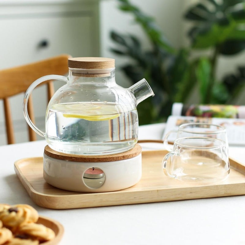 Elegant Scandinavian Teapot Set with Oak Tray & Candle Warmer | Tea Set for Adults, Perfect for Hot & Cold Beverages