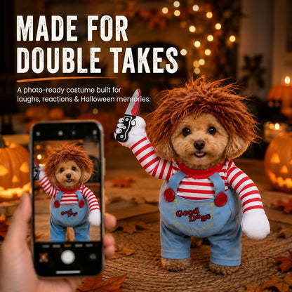 Ortekor Scary Doll Dog Halloween Costume with Wig & Toy Knife – 3-Piece Walking Illusion Set for Trick-or-Treating & Parties