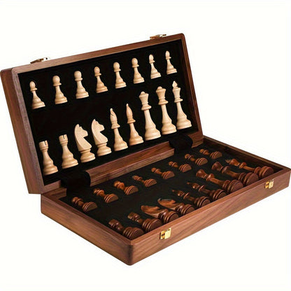 Folding Wooden Chess Set with Carved Pieces & Storage | Portable Travel Board for Home & Trips | Classic Game