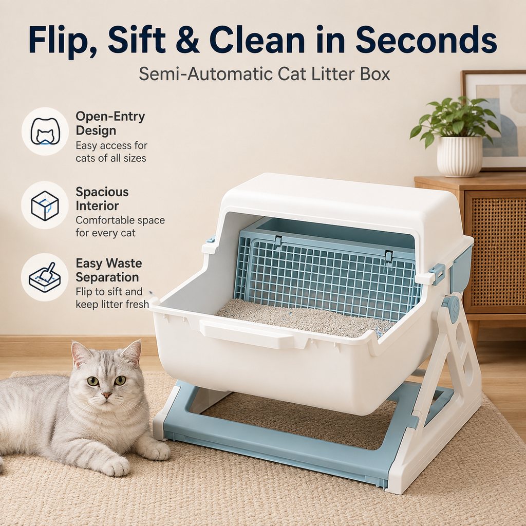 Ortekor Semi-Automatic Cat Litter Box for Indoor Cats - Open Entry Flip-to-Sift Design for Easier Cleanup