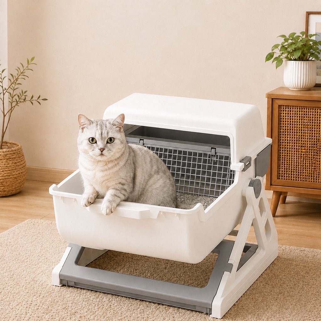 Ortekor Semi-Automatic Cat Litter Box for Indoor Cats - Open Entry Flip-to-Sift Design for Easier Cleanup