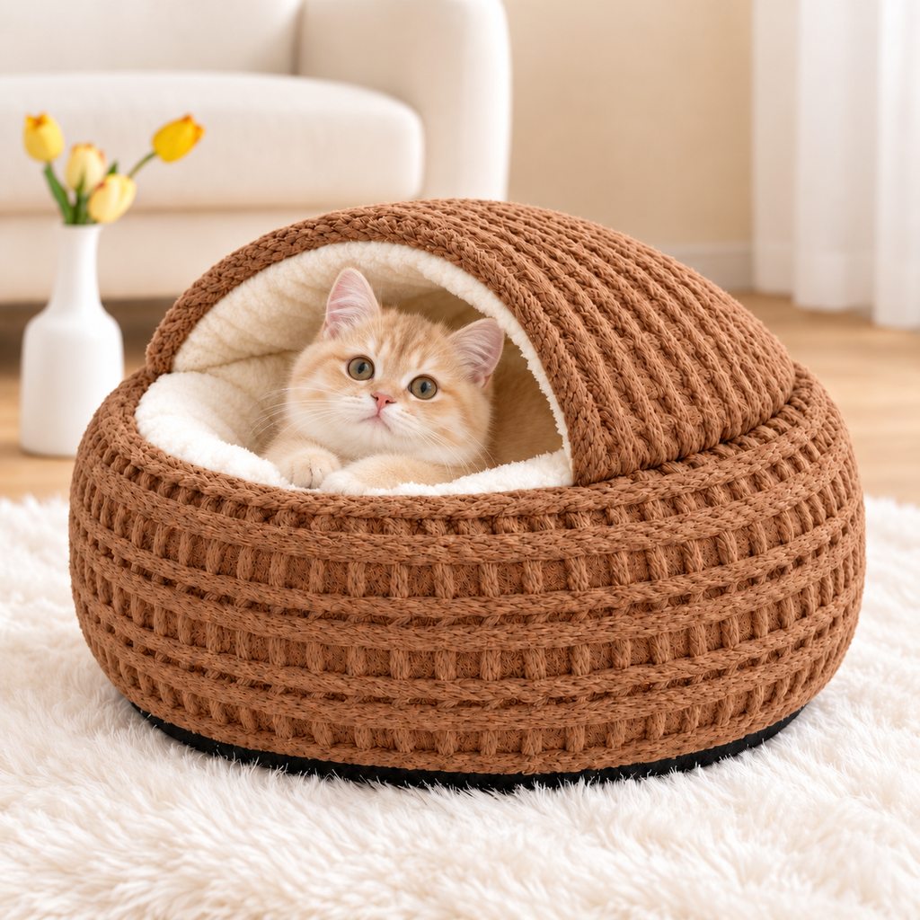 Ortekor Calming Semi-Enclosed Cat Bed for Cozy Sleep, Soft Warm Cave Bed for Indoor Cats & Small Pets