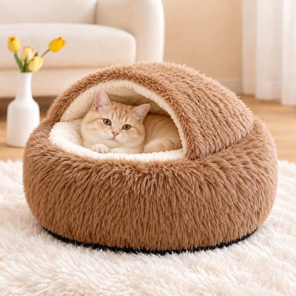 Ortekor Calming Semi-Enclosed Cat Bed for Cozy Sleep, Soft Warm Cave Bed for Indoor Cats & Small Pets