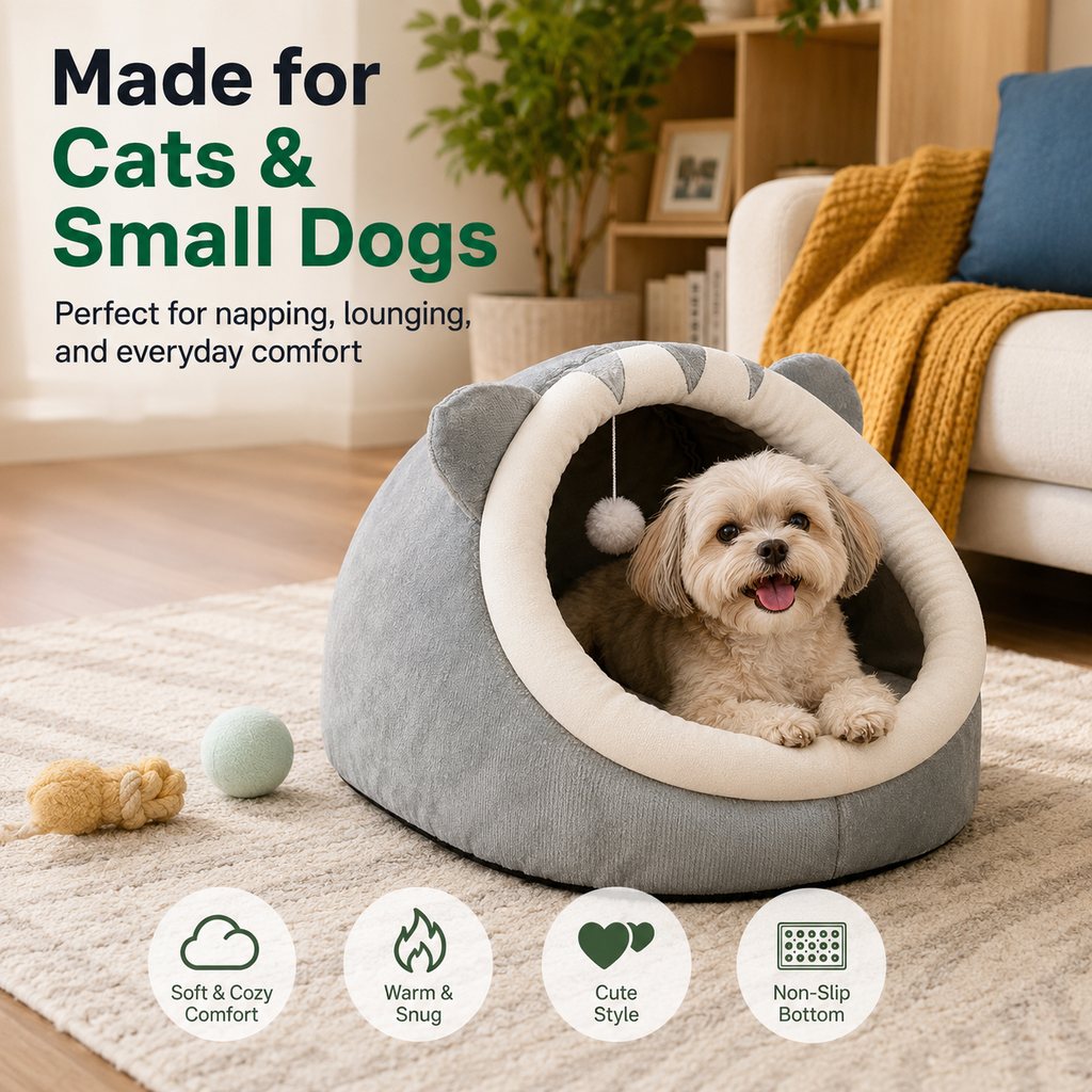 Ortekor Semi-Enclosed Plush Pet Bed for Cats & Small Dogs - Cozy Indoor Hideaway for Rest