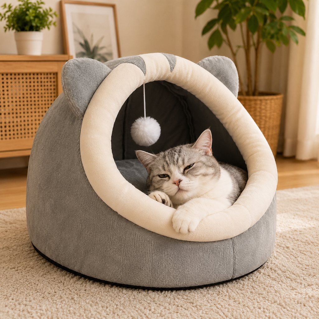 Ortekor Semi-Enclosed Plush Pet Bed for Cats & Small Dogs - Cozy Indoor Hideaway for Rest