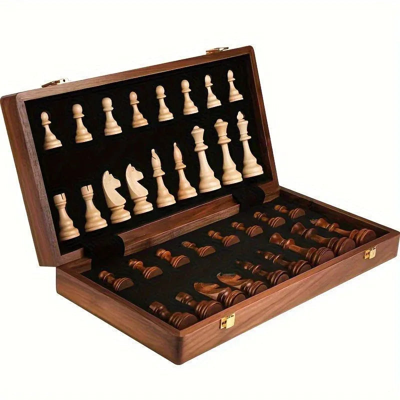 Folding Solid Wood Chess Set with Handcrafted Pieces for Classic Board Game Strategy