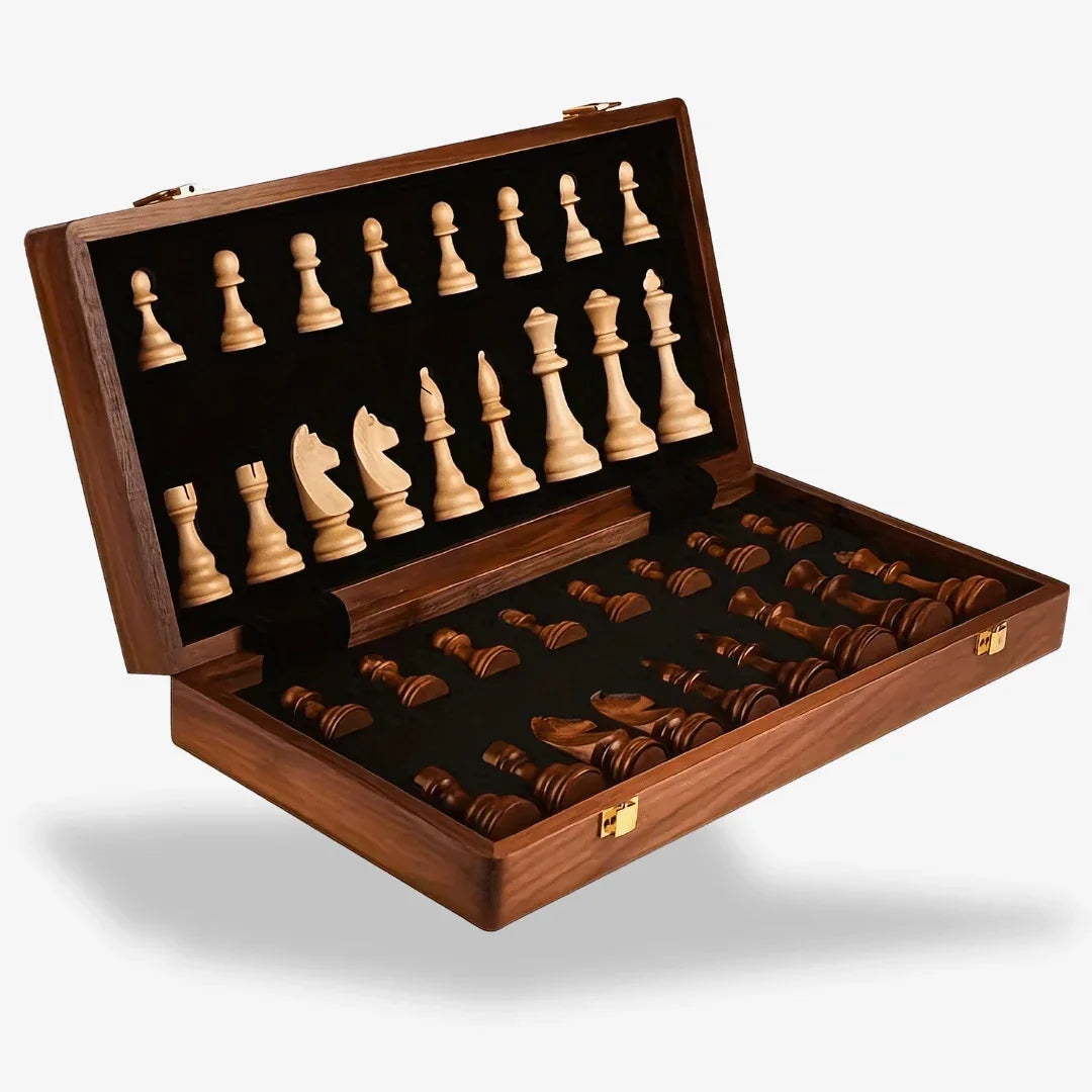 Folding Solid Wood Chess Set with Handcrafted Pieces for Classic Board Game Strategy