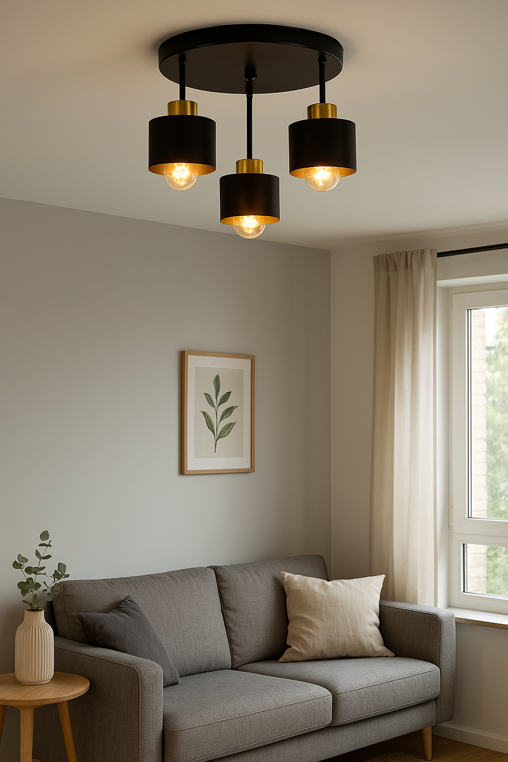 Three-Light Flush Mount Fixture Steel 12-Inch Black Gold Ceiling Lamp E27 for Dining Room Bedroom Hallway Modern Industrial Home Lighting