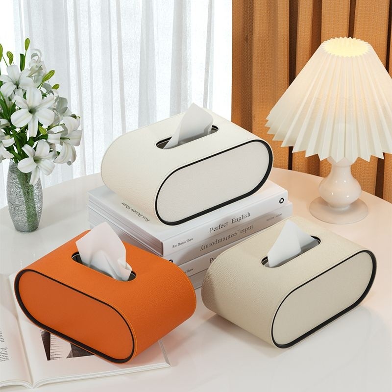 Faux Leather Tissue Holder Oval Desktop Organizer for Home Office Bedroom Bathroom Soft-Close Dispenser Gray Beige Orange