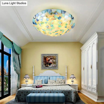Coastal Ceiling Light with Handcrafted Mother-of-Pearl Inlay for Bedroom | Oceanfront Flush Mount Fixture in Stained Glass Aesthetic