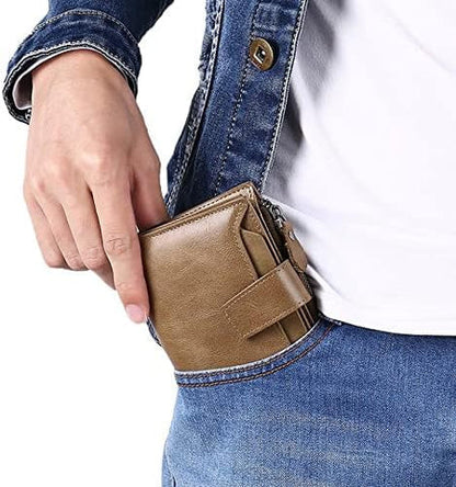 Mens Wallet, Womens Wallet with Zip Coin Pocket, Genuine Leather RFID Blocking Wallet with 14 Card Slots and ID Windows