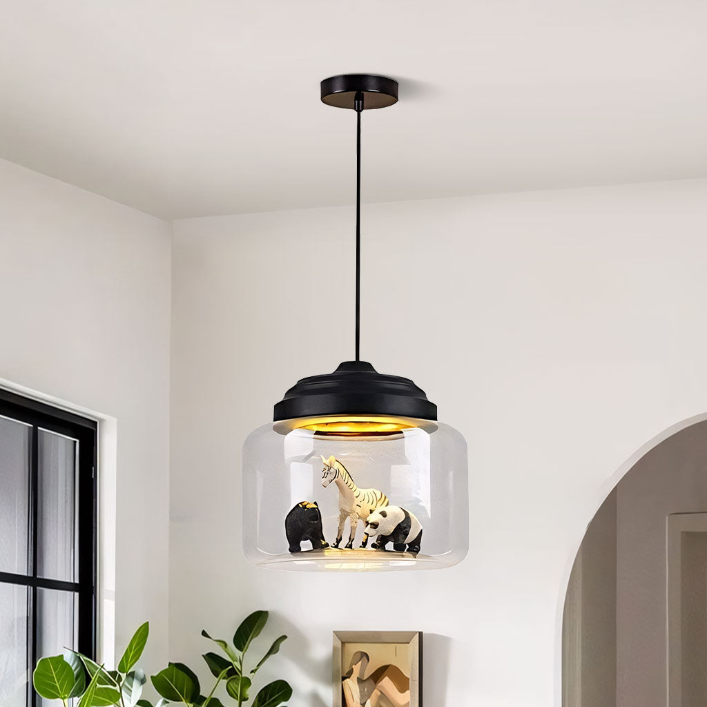 Kids Room Glass Hanging Lamp 8.7 Inches Round Ceiling Light with Fun Animal Characters Nursery Fixture Bedroom Decor for Children Playroom L